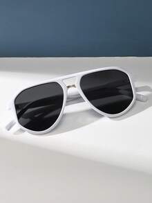 Retro Aviator Style Large Frame White Fashion Glasses, Classic Plastic Eyewear For Women, Outdoor Travel Beach Vacation Casual Wear, Summer UV Protection Shades For Men - White - View 4