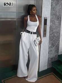 RNU 女士白色方领无袖上衣，性感休闲，通勤百搭，高弹柔软条纹针织面料，适合情人节、返校季、万圣节、节日派对、春、夏、秋、冬四季穿着，新款吊带背心 - 白色 - 查看 6