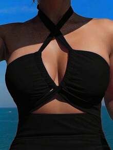 A Refreshing SummerSwim Vcay Summer Beach Solid Color Halter Neck Knotted Cutout  Swimsuit - màu đen - Xem 4