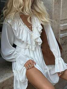 Đầm dự tiệc sinh nhật mùa hè, kiểu dáng bohemian, chất liệu chiffon, có bèo nhún, thích hợp cho kỳ nghỉ hoặc đám cưới, màu trắng. - trắng - Xem 5