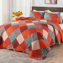 Queen Quilt Bedding Set 3 Piece Multicolour Patchwork Print Orange Bedspreads Queen Size Reversible Lightweight Quilts Set Soft Microfiber Fall Quilt Autumn Quilt All Seasons - Naranja - Ver 3