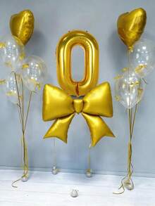 12pcs Birthday Decoration Set, Large Gold Bow Foil Balloons, 40-Inch Gold 0-9 Birthday Number Balloons, 18-Inch Gold Heart Balloons, Clear Latex Balloons (With Balloon Ribbons), Suitable For Birthday Party, Anniversary Decoration - Gold - View 10