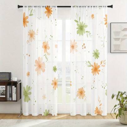 2 tấm rèm voan họa tiết hoa màu nước tươi tắn, với họa tiết hoa màu cam và xanh lá cây, in phẳng 2D, phong cách đơn giản và tự nhiên, phù hợp cho phòng ăn, nhà bếp và phòng khách.