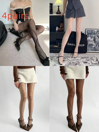 2pairs/4pairs Women's Leaf Pattern Sheer Pantyhose, Vintage Ribbon Line Sheer Tights With Leaf Vein Design, Elegant Sheer Stockings For Retro Outfits, JK Uniform, Skirts And Daily Wear, Available In Multi-Colors, 2 Pairs/4 Pairs Pack, One Size Fits Most