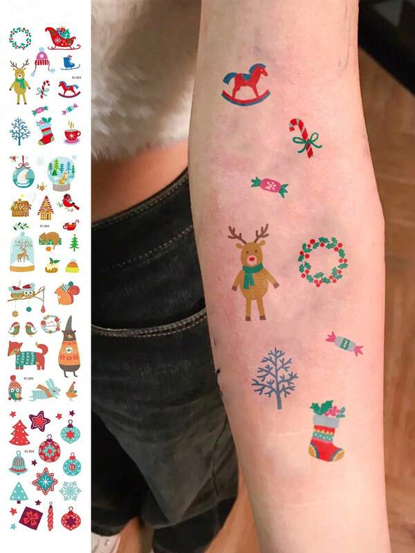 4张人体彩绘临时纹身贴纸，男女通用，彩色雪花和驯鹿图案。防水假纹身，可持续2-5天，可用于手部、手臂、颈部、肩部、胸部、腰部和腿部。非常适合圣诞节和节日派对，以及身体装饰。