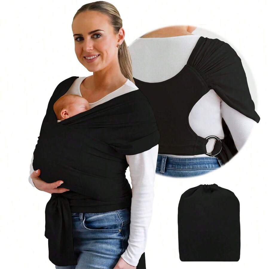 Stylish Black Baby Carrier Wrap: Comfortable, Soft & Supportive, Adjustable Ring Sling For Mom & Dad, Ideal For Baby Registry, Newborn To Toddler, Baby Shower - 彩色 - 查看 1