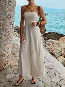 PoPoHouse Women's Elegant 100% Cotton Maxi Dress Sexy Backless Pocketed A-Line Waist Strapless Tube Flowy Dress For Daily Casual Summer Beach Vacation Party Going Out Outfit - Apricot - View 6