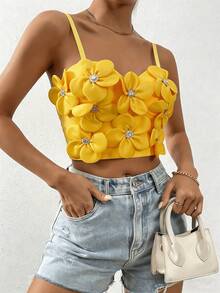 Women's 3D Handmade Fabric Flower Rhinestone Decor Camisole Bustier, Fitted Short Strapless Tank Top, Luxury Sweet Style, Suitable For Vacation, Photoshoot, Date, Evening Party, Versatile Wear, Shaping Top - Yellow - View 1
