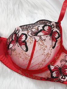 女士两件套红色蝴蝶刺绣薄纱网眼钢圈文胸和丁字裤内衣套装 - 紅色 - 查看 4