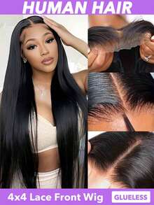 26英寸直发真人发无胶假发，4x4蕾丝，即戴即走，无需胶水，真人发，预先拔毛，预先剪裁，升级版蕾丝前假发，直发4x4无胶蕾丝闭合假发，女士款，150%密度，隐形贴合肌肤，无需胶水，蕾丝前闭合假发，自然黑（8-30英寸） - Natural Black - 查看 3