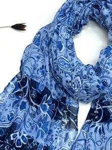 1pc Simple Printed Scarf, Lightweight Breathable Tassel Shawl, Elegant Style Fashion Women Silk Scarf, Versatile Large Scarf For Spring/Summer, Outdoor Sun Protection Beach Wrap,Travel Essential,Holiday - Navy Blue - View 4