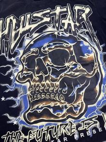 Double-Sided Skull Portrait Graphic Oversized T-Shirt, Dark Gothic Vintage Rock Style Tee For Men Women, Heavyweight Washed Distressed Hip Hop Streetwear Casual Short Sleeve Top For Daily Wear Party Festival - 116洗水黑 - 查看 3