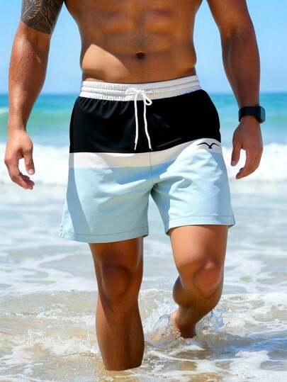 Quần short nam mùa hè in họa tiết, cạp chun, túi xéo, kiểu Hawaii, nhanh khô, lót lưới hai lớp, họa tiết chim mòng biển in 3D tương phản màu sắc, quần bơi thời trang thường ngày cho bãi biển và khu nghỉ dưỡng.