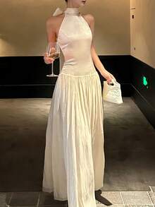 优雅女士缎面吊带褶皱连衣裙，适合毕业典礼、晚宴、奢华伴娘礼服、飘逸婚礼宾客装、假日旅行春季派对穿着 - 杏色 - 查看 7