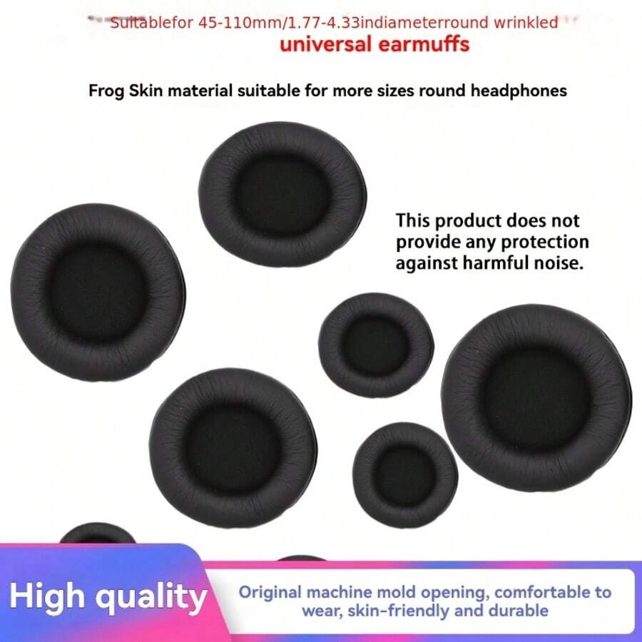 通用黑色耳垫 - 黑色PU皮革通用耳机套 - 适用于头戴式耳机 - 褶皱纹理耳套 - 青蛙图案圆形通用耳机替换耳套 - 提升您的音频体验 - 黑色 - 查看 1