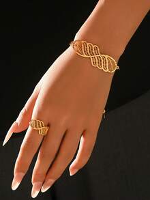一套时尚休闲百搭镂空花卉手链戒指首饰套装（女士款） - 金黃色 - 查看 6