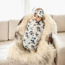 Receiving Blanket Headband Set Flower Print Baby Swaddle Blankets - 藍白色 - 查看 2
