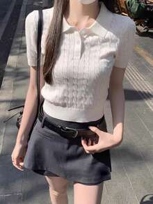 夏季新款女士独特精美 Polo 领针织短袖打底衫 白色 - 白色 - 查看 2
