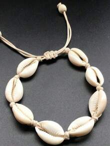 1 pieza/3 piezas/5 piezas Pulsera de pareja con cordón ajustable y decoración de conchas, estilo bohemio de moda para la playa - Beis - Ver 3