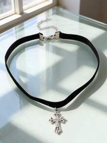 1 pieza Collar de cinta negra estilo gótico con colgante de cruz de rhinestone, adecuado para uso diario - Plateado - Ver 7