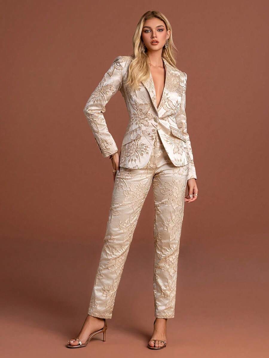 Chic Women's Two Pieces Suit With Lapel Collar Blazer And Matching Trousers, Featuring Exquisite Floral Pattern And Regular Sleeves - Apricot - View 1