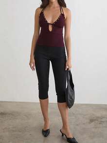 Women Studded Halter Top Sleeveless Open Back V Neck Slim Fit Tank Top Y2k Going Out Tops Club Party Outfits - 酒紅色 - 查看 5