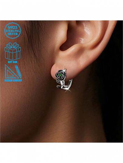 925纯银锆石玫瑰耳环，复古时尚小众设计，适合女性在派对、宴会、婚礼、节日和日常场合佩戴。