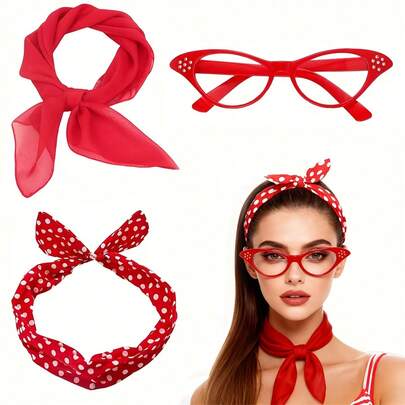 3pcs/Set 1940s-1950s Retro Red Women's Outfit & Accessories Set, Including Cat Eye Glasses, Scarf, And Polka Dot Headband. Suitable For Holidays, Daily Wear, Themed Decor, And 1950s Themed Parties. Complete Women's Outfit & Accessories Set