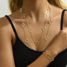 2件套不锈钢金色镂空四叶草夏季双层手链项链套装，百搭简约复古首饰套装，适合日常佩戴及各种场合 - CL-1973 - 查看 2