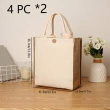 1 pieza Bolsa de almuerzo de dos tonos, bolsa de almuerzo con decoración de botón de tela minimalista para exteriores y vacaciones - Beis - Ver 8