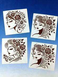 4pcs Flower Girl Hollow Painting Template DIY For Fabric, Glass, Paper, Wood Creative Spray Painting Printing Tool, Reusable Plastic Material - Flower-wearing Girl - View 11