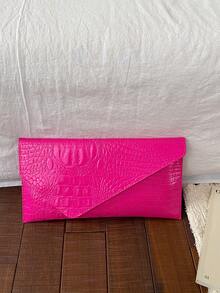 新款小众设计时尚鳄鱼纹压花信封包，复古风格女士手提包 - 玫紅色 - 查看 5