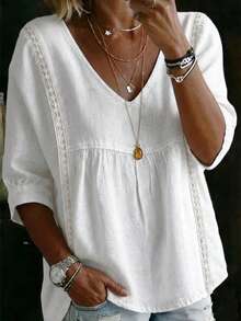 Women's Casual V-Neck Blouse, 3/4 Sleeve, Regular Length, Polyester Fabric, Spring/Summer White - White - View 3