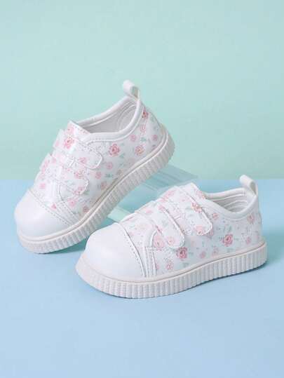 1 Pair Girls' White Casual Sneakers, Bohemian Random Peony Flower Pattern, Soft PU Material, Round Toe Soft Sole Non-Slip, Dual Strap Design, Fashionable Cute Sports Shoes Suitable For Daily, Casual, Vacation, School, Running