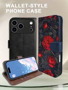 Dark Night Red Roses With Golden Vine Retro Style Pattern, Premium Durable Flip Card Wallet Phone Case, Gothic Romantic Folio Case With Magnetic Clasp, For Halloween, Anniversary Gifts And Women Who Adore Bold Colors & Classic Florals, Compatible With IPhone 17 Pro Max, 17 Pro, 17 Air, 17, 16, 15, 14 Plus, 13, 12 Pro Max, 11, Features Foldable Stand And Credit Card Slots, Waterproof, Shockproof, Drop-Resistant, Scratch-Proof, Full Body Protection. - Black - View 7