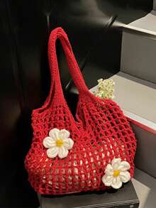 女士针织镂空手提包 新款大容量单肩复合包 编织沙滩度假手提包 夏季西部风针织手提包 女士新款大容量百搭针织休闲单肩包 - 紅色 - 查看 7