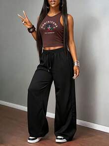 两件套女士多米尼加共和国印花露脐背心+黑色阔腿裤套装，休闲街头风慵懒装扮 - 駝色 - 查看 1