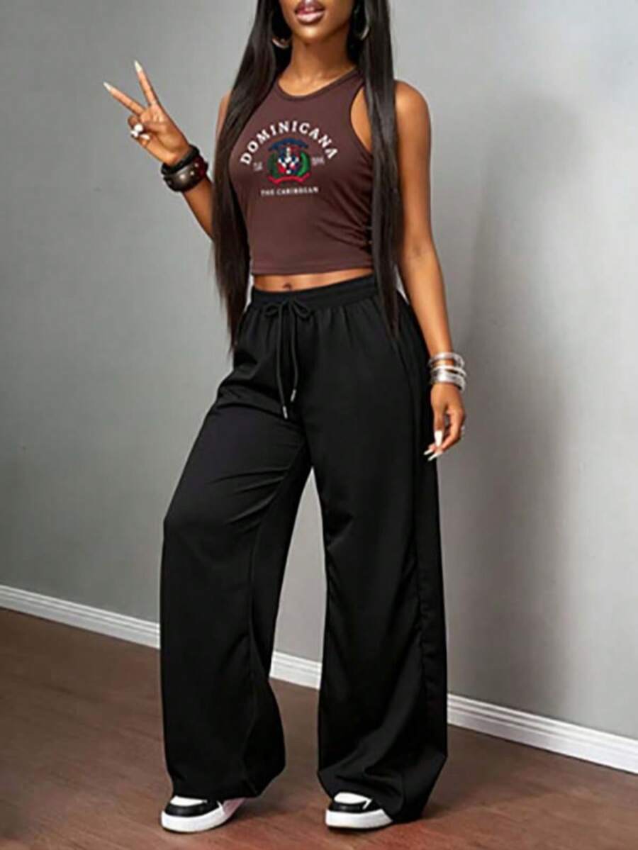 两件套女士多米尼加共和国印花露脐背心+黑色阔腿裤套装，休闲街头风慵懒装扮 - 駝色 - 查看 1