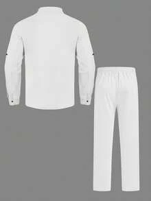 1 Conjunto de ropa básica holgada y ligera para hombre, camisa de manga larga con botones y cuello, color azul claro + pantalones rectos, para verano - Blanco - Ver 3