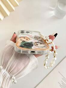 Cream Textured Wavy Edge Glossy Cat Painted Anti-Drop Phone Case With Beaded Bracelet Accessory, Compatible With IPhone 17pro/17Air /17/17promax16/11/16pro/16plus/16promax/16e/15Promax/13/14/12/XS/XR/7G/8P, Galaxy 11/12Pro/12/12X/13Pro/14Pro/15Pro/, 10/9/Note9/12c/Note11pro/Note8Pro - Multicolor - View 3