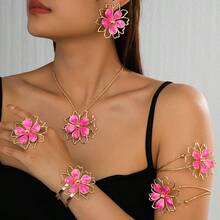 Set de 4 piezas de collar, aretes y anillo con diseño de flor hueco de metal esmaltado en estilo bohemio elegante y de moda, adecuado para uso diario y de fiesta de mujeres, diseño de flor aleatorio - Verde - Ver 9