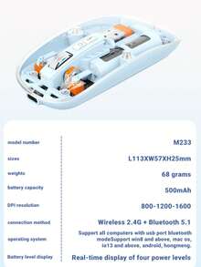 Ratón inalámbrico transparente M233 de 3 modos, 2.4G inalámbrico y BT5.1, batería recargable de 500mAh, silencioso - Ver 9