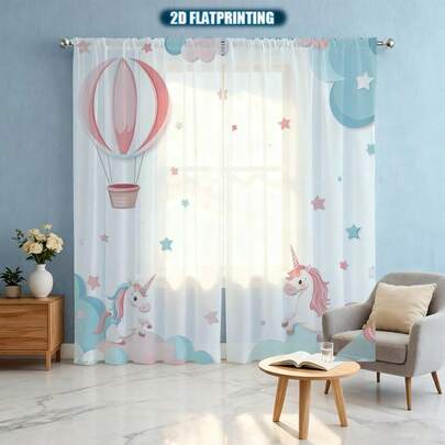 2pcs Cute And Playful Sheer Curtains Featuring Adorable Pink Unicorn, Hot Air Balloon, And Star Patterns In 2D Flat Print, Perfect For Bedrooms And Living Rooms.