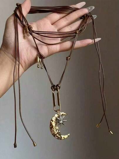 1件复古波西米亚风月亮星星吊坠PU皮链项链，适合日常佩戴、派对、音乐节等场合 - 可作毛衣链，成人礼物