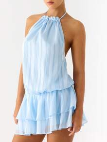 Women Summer Ruched Halter Mini Dress Ruffle Bubble Drop Waist Backless Tie Neck Open Back Mini A Line Swing Dress Y2k Cocktail Clubwear - Blue - View 2