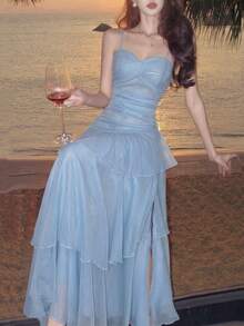 Đầm hai dây xếp ly bất đối xứng thanh lịch, thời trang đa năng, phù hợp cho phái nữ, thiết kế hai dây mảnh tối giản, thích hợp cho tiệc tùng, dạ hội, buổi tối, sinh nhật, đám cưới, tựu trường và các dịp khác, kiểu dáng trang nhã và ôm sát cơ thể, thích hợp cho mùa hè. - Màu xanh bụi bặm - Xem 8