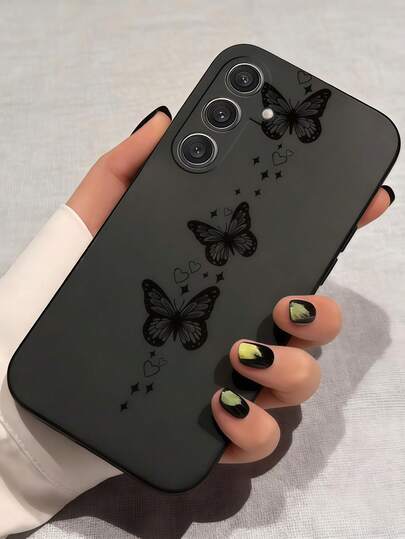 1 pieza Funda de silicona líquida negra hueca con diseño de mariposa de borde recto compatible con GalaxyS26 S25 S24Ultra S24Plus S24FE S23 S22 A55 A54 A53 A52 A50 A30 A42 A35 A34 A33 A25 A24 A20 A30 A15 A17, Smart 8/ Hot 40i/ Spark 20/ Spark 20C/ Spark Go 2024/ Moto G84/Honor X9b X9A X9D X7B X9C X6A 8X X7 X8 X8C X8B Y9S Y9A Y7P Y7P/1+