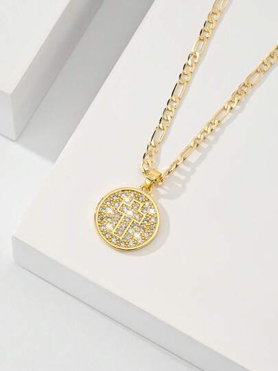 14K Gold Plated Women's Delicate Coin-Shaped Cross Necklace, Inlaid With Zirconia Stones. The Cross Design Is Exquisitely 3D, With Firmly Set Zirconia Stones. An Ideal Gift For Religious Friends, Girlfriends, And Mothers, Combining Decoration And Faith Commemoration.