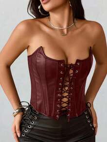 Apperloth A 性感过胸束身胸衣 PU 皮革带骨露脐抹胸上衣 女士系带前开后露背塑身衣 万圣节服装 感恩节服装 - 酒紅色 - 查看 3