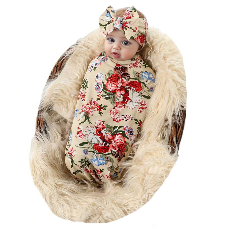 Receiving Blanket Headband Set Flower Print Baby Swaddle Blankets - Nhiều màu - Xem 1